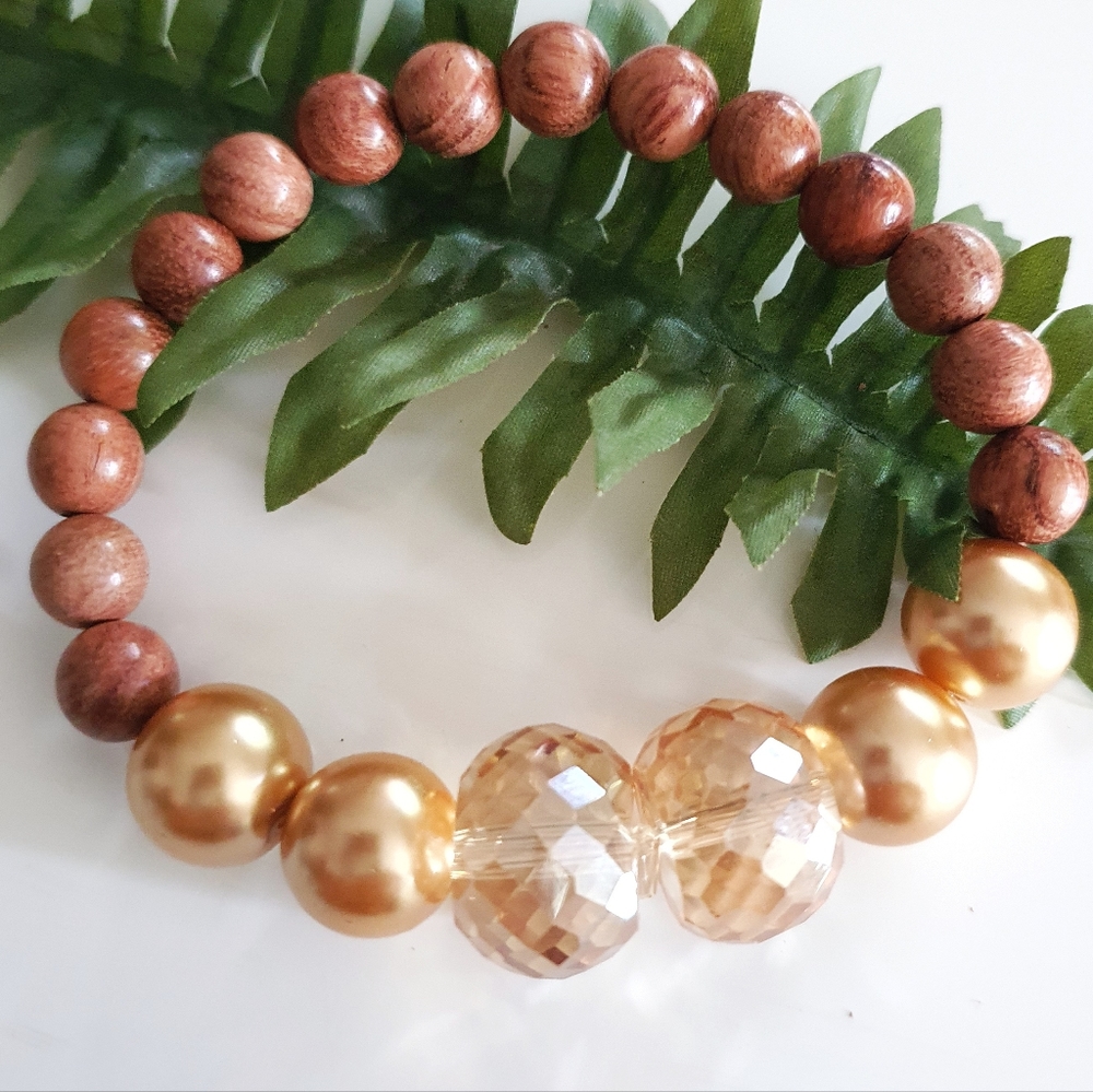 Amber Glass Rondell & Polished Wood Beads Stretch Bracelet